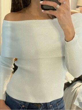 Off-the-Shoulder Cream Ribbed Knit Sweater